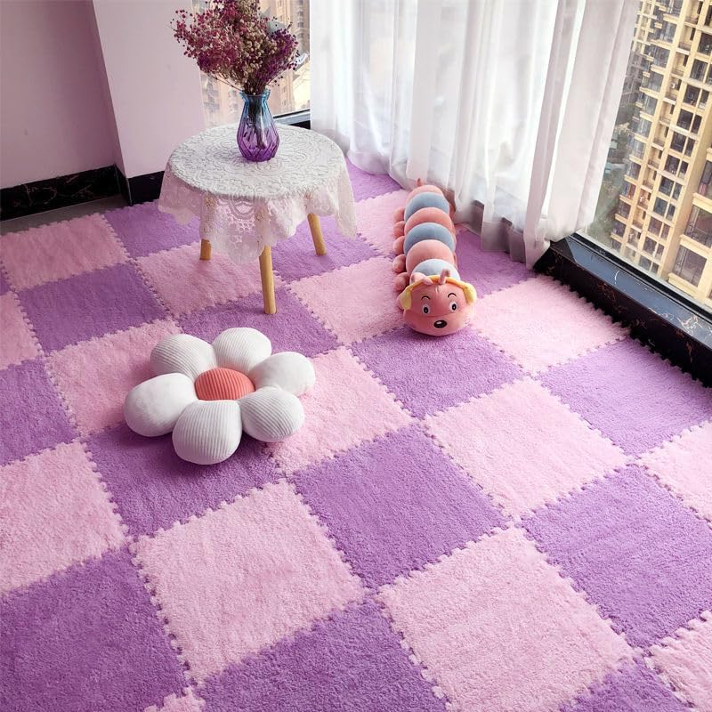 JADERLU 16pcs 0.6" Thickened Interlocking Tile Mats,Fluffy Shaggy Soft EVA Foam Area Rug for Living Room & Bedroom,Non-Slip Protective Floor Carpet Play Mat Kids Baby Dorm Home Decor (11.8ft, Purple) - Image 3